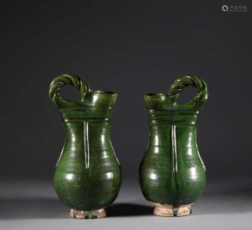 Song Dynasty - A Pair of Green Glaze Pots