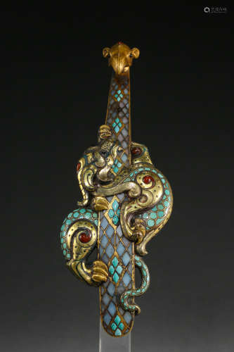 BRONZE BELT HOOK INLAID GOLD, SILVER, TURQUOISE AND AGATE, T...