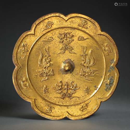 GILT BRONZE MIRROR, TANG DYNASTY, CHINA