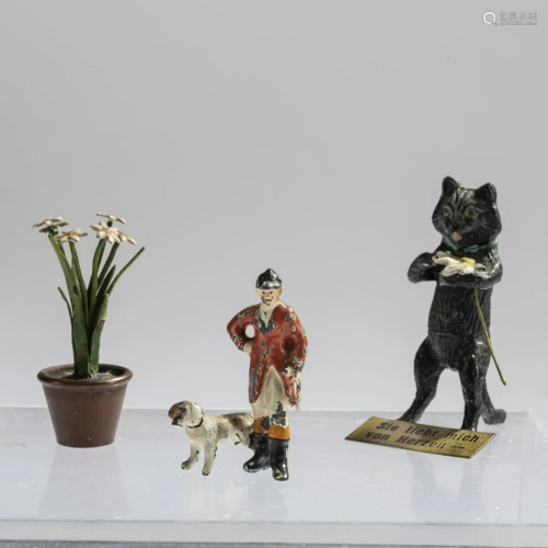 Wiener Bronze, Cat, man with dog and flower pot, c.