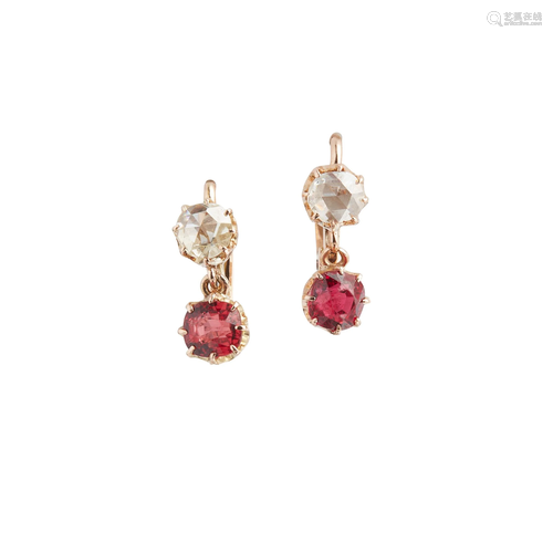 A pair of spinel and diamond set earrings