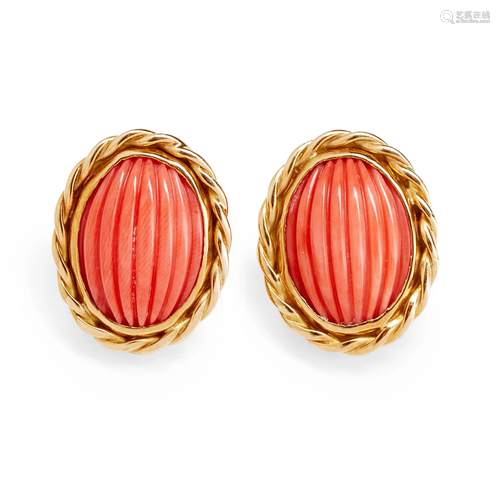 Y A pair of 18ct gold coral earrings, Eric N Smith