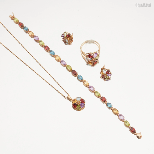 A suite of 9ct gold multi-gem set jewellery