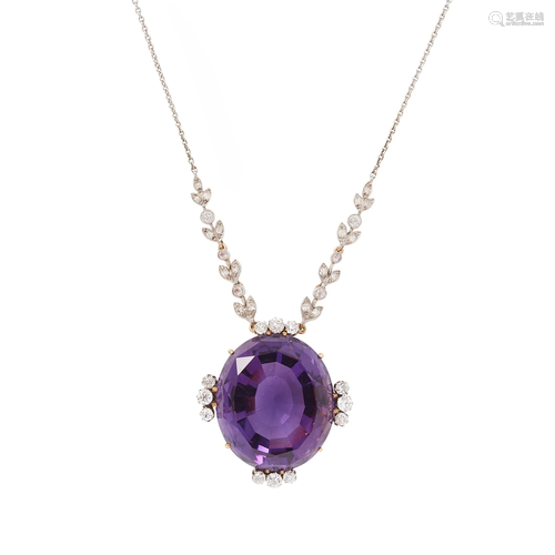 An early 20th Century amethyst and diamond set pendant