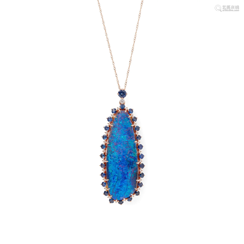 An opal, diamond and sapphire set pendant