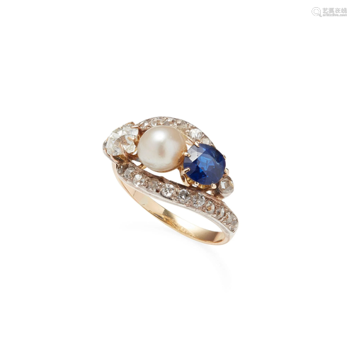 A sapphire, diamond and pearl set ring