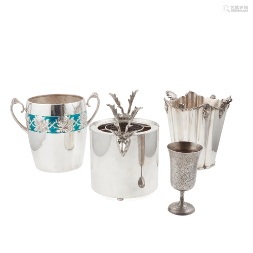 A twin handled silver plated and enamel ice bucket