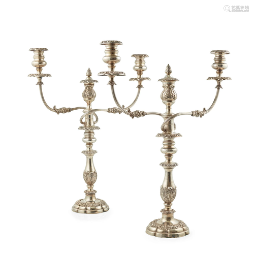 A pair of silver plated three light table candleabra