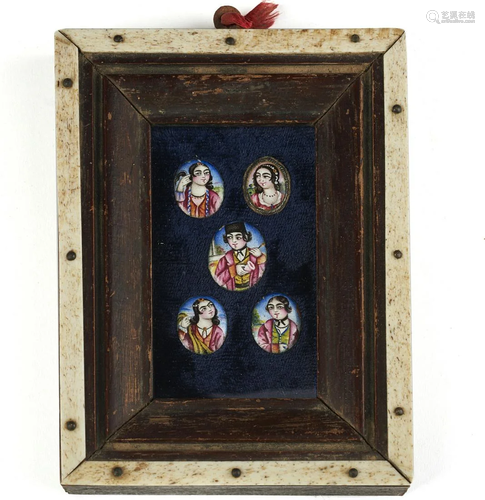 Grp: 5 Qajar Iran Enameled Copper Silver Portraits in