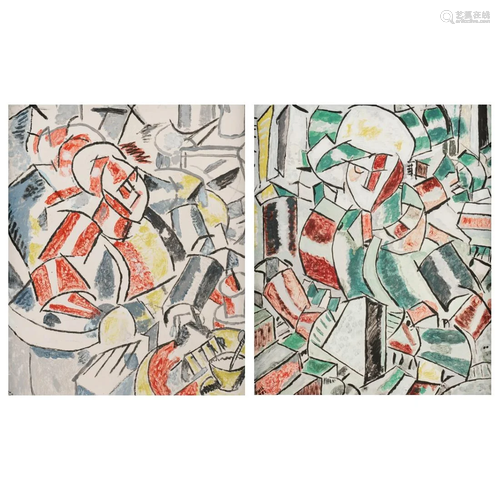 Pair of Leger Style Cubist Paintings on Board