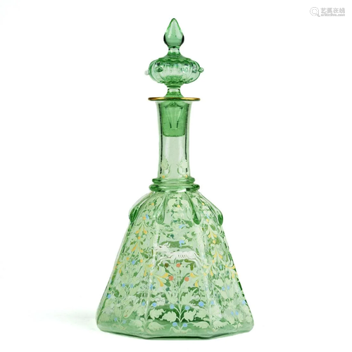 Late 19th c. Bohemian Enameled Vaseline Glass Decanter