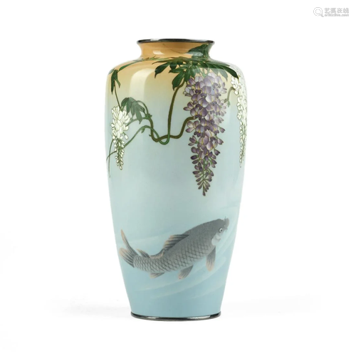 Ando Japanese Fish & Wisteria Cloisonne Vase - Marked