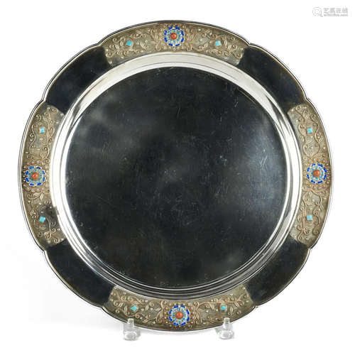 Republic Chinese Silver & Enamel Scalloped Platter