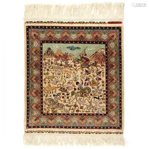 Persian Hand Woven Hunting Scene Silk Rug