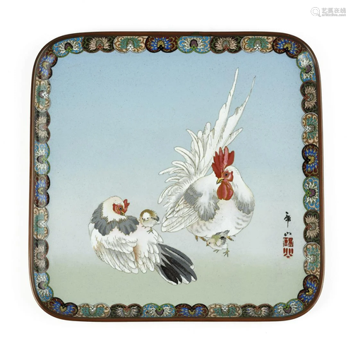 Japanese Meiji Chicken Cloisonne Enamel Tray