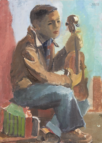 Elizabeth Grant WPA Man & Cello Oil on Canvas