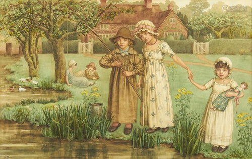 Kate Greenaway Children Fishing Watercolor