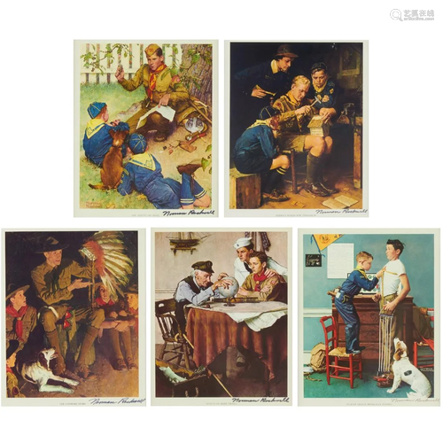 Grp: 5 Norman Rockwell Boy Scout Lithographs Signed in