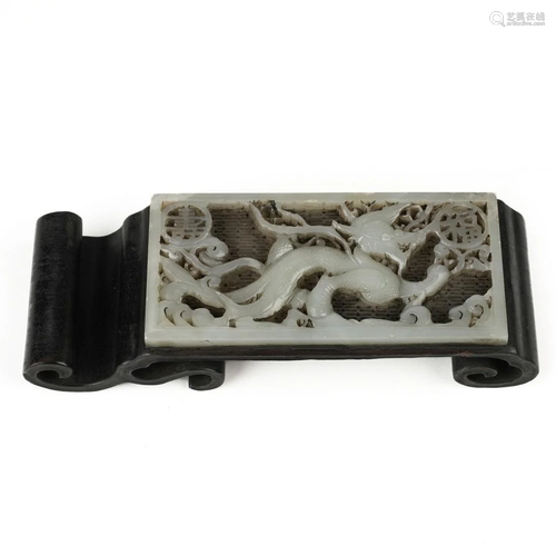 20th c. Carved Jade Plaque on Wooden Stand