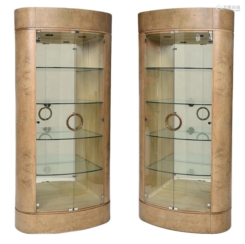 Pair Burlwood Veneered Mirrored Lighted Vitrines