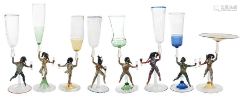 Set of Eight Venetian Style Figural Glass Stemware