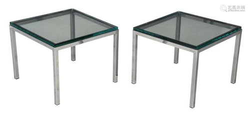 Pair Modern Chromed and Glass Top Side Tables