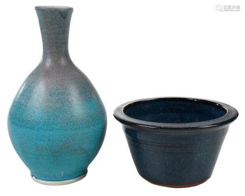 Two Pieces Blue Glazed Seagrove Pottery