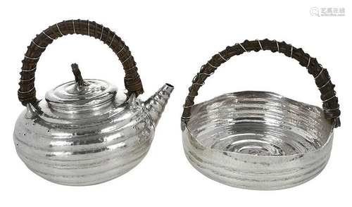 Japanese Hammered Silver Teapot and Basket