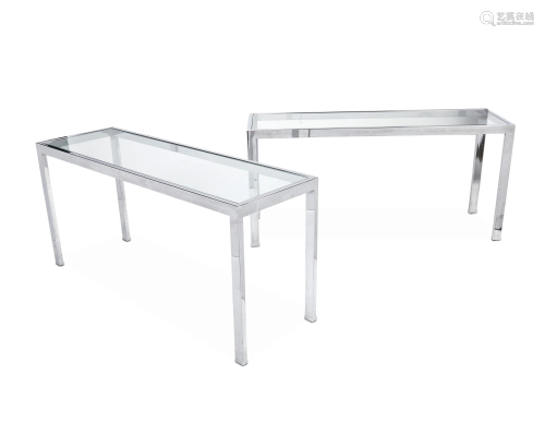 A pair of chrome console tables attributed to Milo
