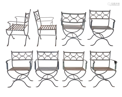 Eight Mid-Century patinated iron armchairs