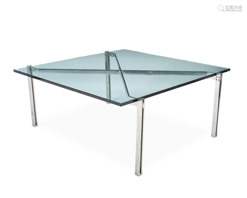 A Milo Baughman-style chrome and glass cocktail table