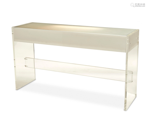 A clear and white acrylic lighted console table