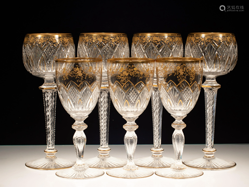 HAND BLOWN STEM WINE GLASSES, 7 , IN TWO SIZES C. 1900