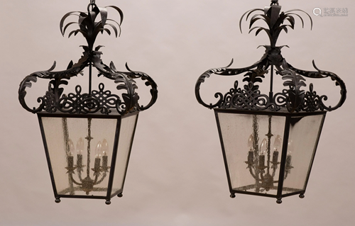 BLACK METAL LANTERN CHANDELIERS, PAIR, H 32