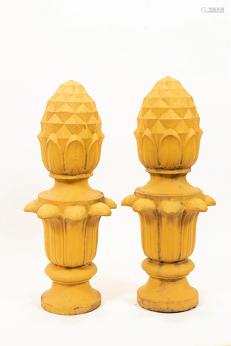 PAINTED IRON ACORN FINIALS, PAIR, H 21