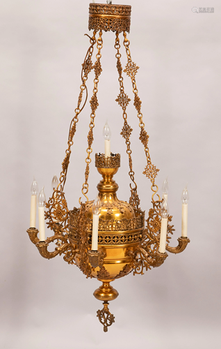 BRASS 8 ARM CHANDELIER C 1920 H 50