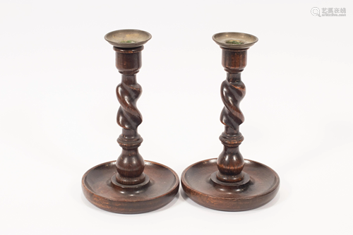 ENGLISH CARVED OAK CANDLESTICKS, BRASS NOZZLES, C…