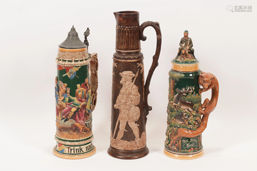 GERMAN CERAMIC STEINS, 3 PCS, H 18