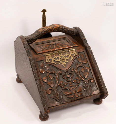 CARVED OAK & BRASS COAL SCUTTLE, C. 1900, H 15