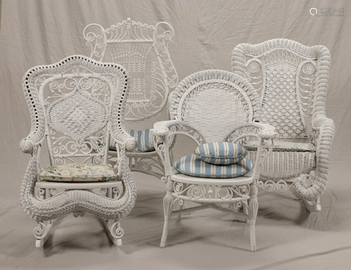 VINTAGE WICKER CHAIRS, FOUR, CIRCA 1900 H 36