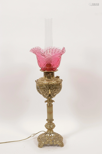 OYNX SHAFT, CRANBERRY GLOBE OIL LAMP, C. 1870, H 23