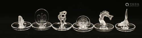 LALIQUE CRYSTAL RING HOLDERS, SIX PIECES, H 4