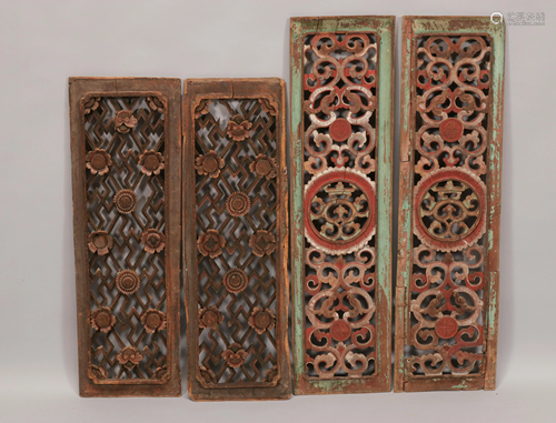 ASIAN CARVED WOOD ARCHITECTURAL PLAQUES, 4 PCS, L