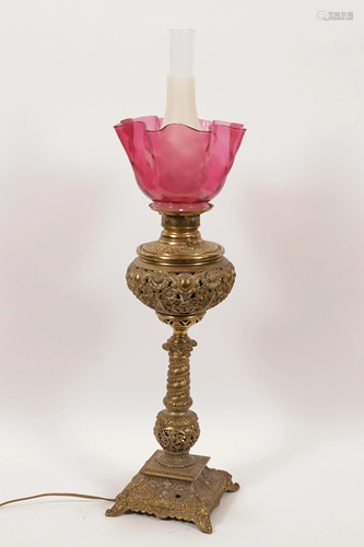 CRANBERRY GLASS GLOBE OIL LAMP, C. 1870, H 28