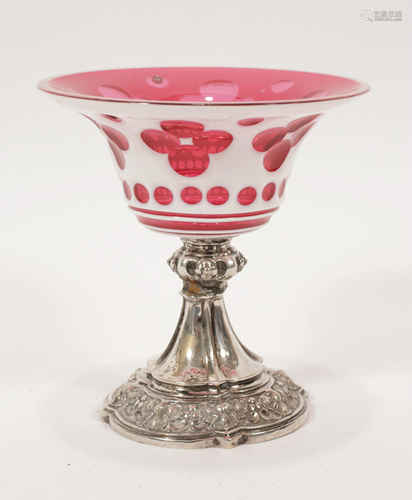 SILVER & CRYSTAL OVERLAY COMPOTE, C. 1900, H 5.5