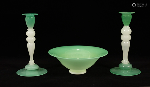 STEUBEN GLASS GREEN JADE & ALABASTER CANDLESTICKS,