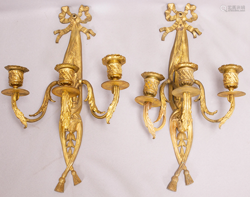 LOUIS XV STYLE DORE BRONZE SCONCES, 19TH C, PAIR, H