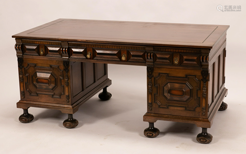 KITTINGER, ELIZABETHAN STYLE WALNUT PARTNER'S DESK, H