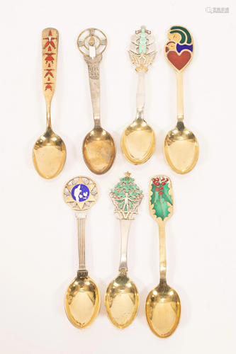 DANISH STERLING & ENAMEL SPOONS, 7 PCS, L 5.75