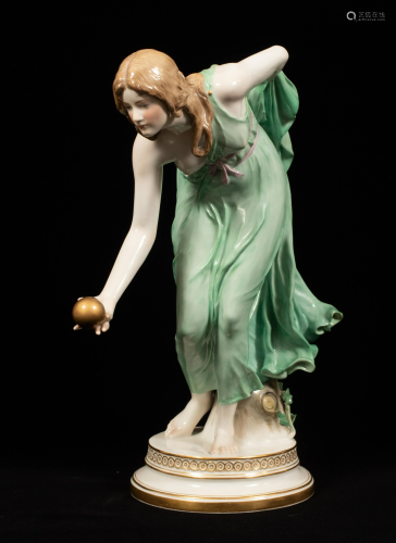 MEISSEN PORCELAIN SEMI NUDE WITH GOLDEN BALL H 14